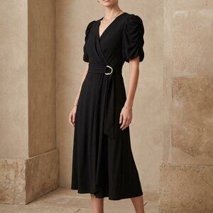 NWT Shoshanna Salisbury Black Puff-Sleeve Midi Dress - Belted - Size L